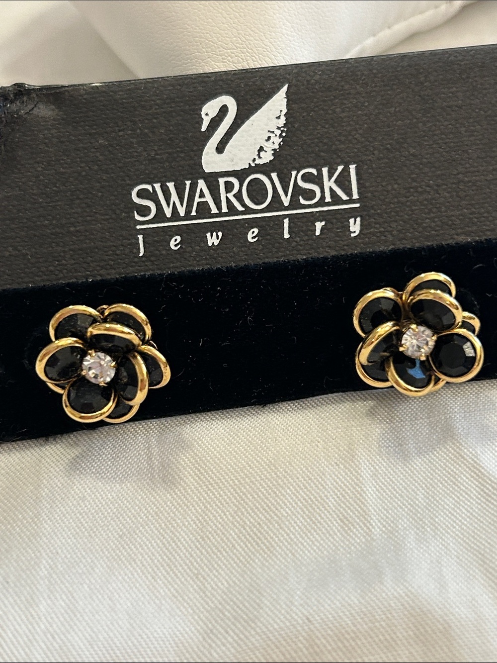 Swarovski Gold-Trim Black Flower Crystal Stud Earrings